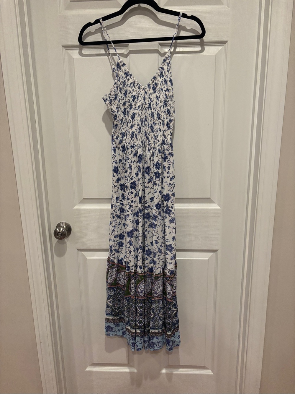 Angie Blue & White Floral Maxi Dress with Printed Hem